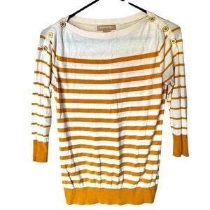 Banana Republic Stripe Button Sweater White Mustard Cotton Rayon Nautical XS